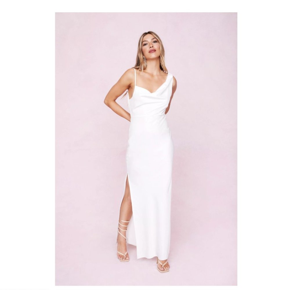 Draped Shoulder Cowl Neck Satin Maxi Dress